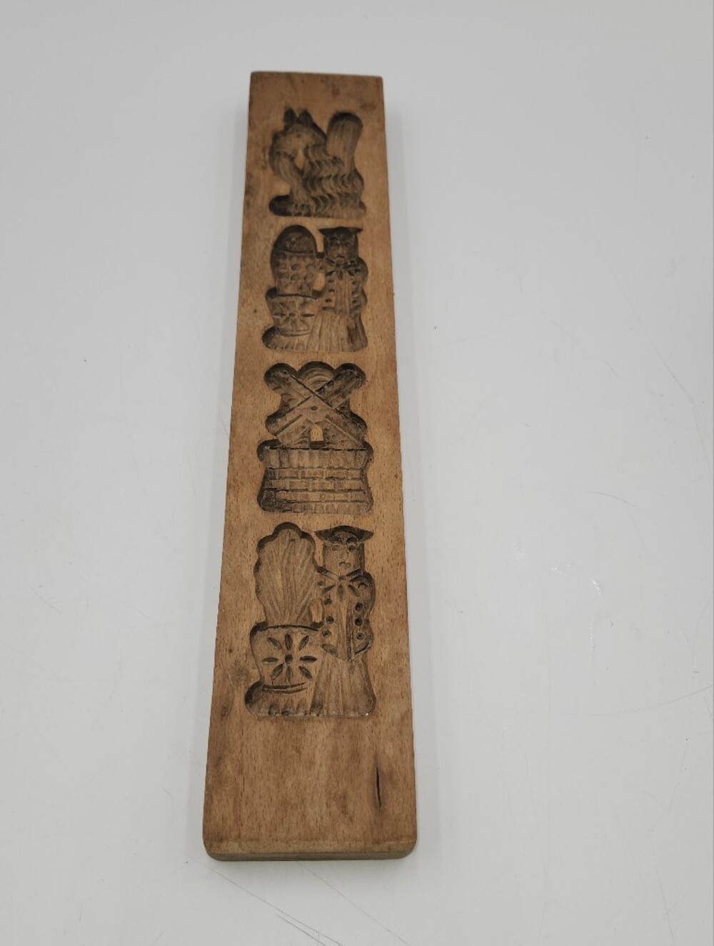 Vintage Hand Carved Wood Candy Cookie Press Mold, 4 Figures Dutch Squirell